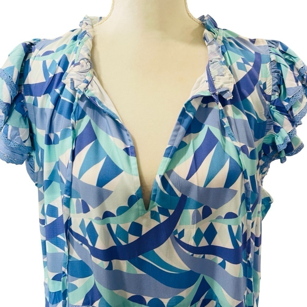 Sail To Sable Size XXL Poppy Ruffle Neck Tiered Dress Blue Multi NWT $268 - Picture 3 of 12